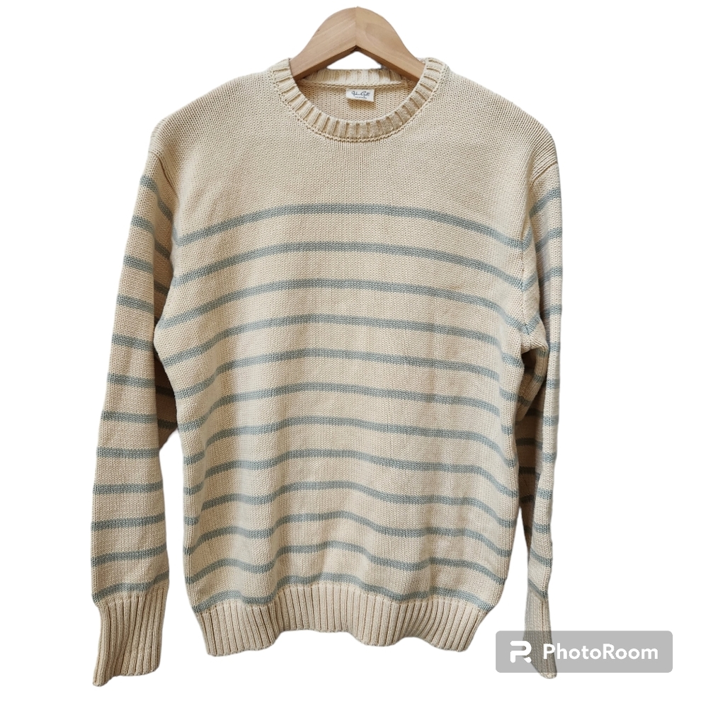 John Galt Sweater Cream & Blue Striped Pullover Women's OS 100% Cotton